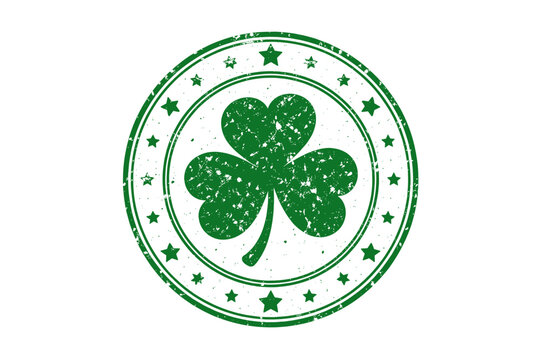 St. Patrick's Day Green Rubber Stamp with Shamrock and Grunge Effect. Simple Flat Vector Illustration of an Irish Clover Seal with Stars and Distressed Texture for Holiday Celebration and Luck.