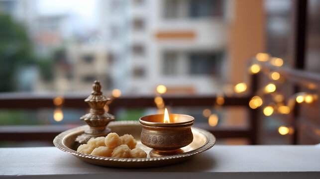 A brass puja thali with besan laddu, incense and a diya placed on a balcony ledge with fairy lights, no people, diwali balcony, pooja thali, besan laddu, festive lights, hindu celebration,