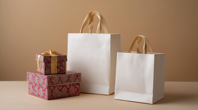 A set of shopping bags and gift boxes on a beige studio backdrop, no people, happy family concept, traditional clothes setup, diwali gifts, festive celebration, cultural, heritage, elegance,