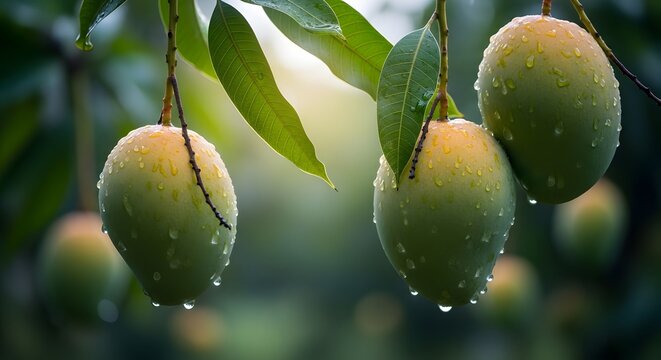Buah mangga segar yang menggantung di pohon dengan tetesan air embun pagi dan daun hijau
