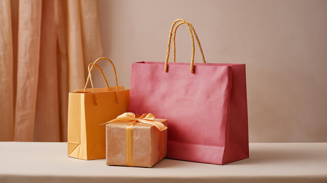 A set of shopping bags and gift boxes on a beige studio backdrop, no people, happy family concept, traditional clothes setup, diwali gifts, festive celebration, cultural, heritage, elegance,