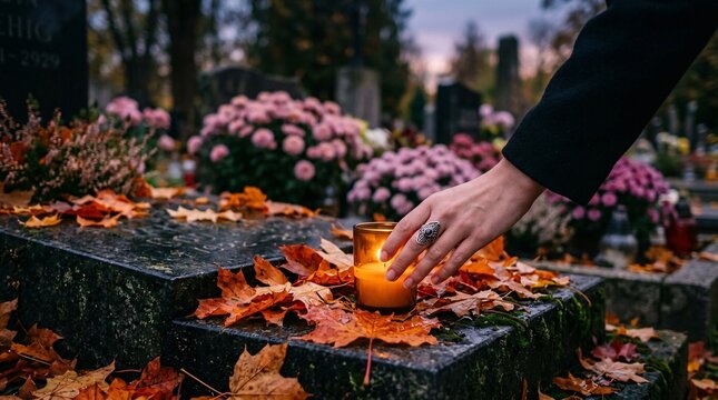 Gentle hand wearing a silver vintage ring places a glowing amber glass memorial candle onto a cold stone grave covered in autumn leaves.