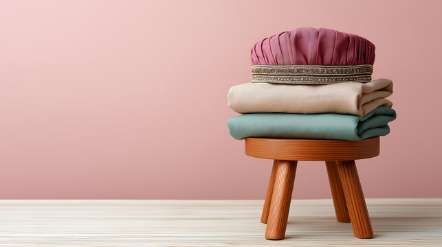A folded traditional outfit and a decorative pagdi on a wooden stool against a pastel background, no people, indian ethnic wear, traditional attire, festive outfit, folded clothing, cultural