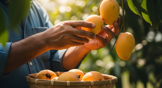 Tangan petani memanen buah mangga matang dari pohon ke dalam keranjang bambu di bawah sinar matahari