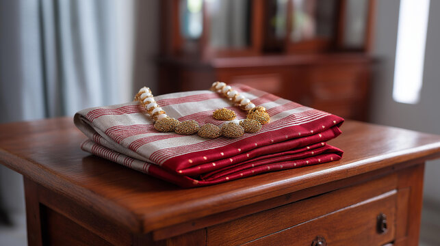 Two folded sarees and matching jewelry on a wooden chest in a traditional home, no people, bengali sisters setup, durga puja outfit, cultural heritage, sari folded, home celebration,