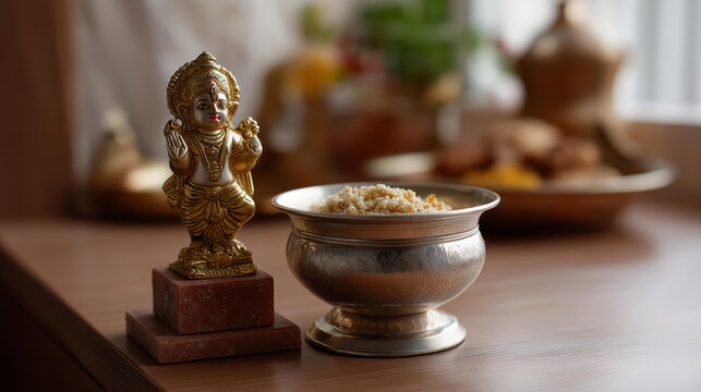 A silver bowl of panjeeri placed before a small decorated krishna statue during janmashtami, no people, krishna janmashtami, traditional offering, panjeeri bowl, hindu god, religious ceremony,