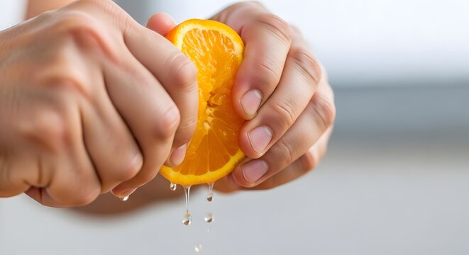 Jarak dekat tangan memeras buah jeruk segar hingga mengeluarkan jus