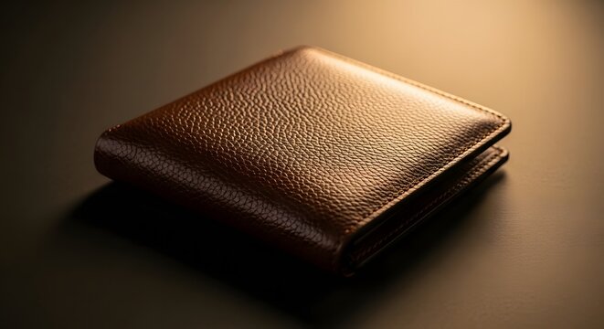 Brown leather wallet on dark background, close up, luxurious texture, mens accessory, elegant and simple object.