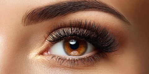 Fototapeta premium Close-up of a beautiful brown eye with long, thick, voluminous lashes and natural makeup
