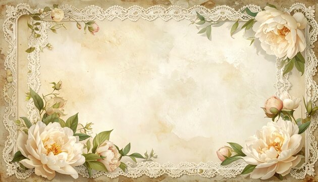 Vintage Lace and Peony Floral Frame Background, Antique Sepia Romantic Decorative Border Template with Blank Copy Space for Classic Wedding Invitation, Old Letter, or Elegant Greeting