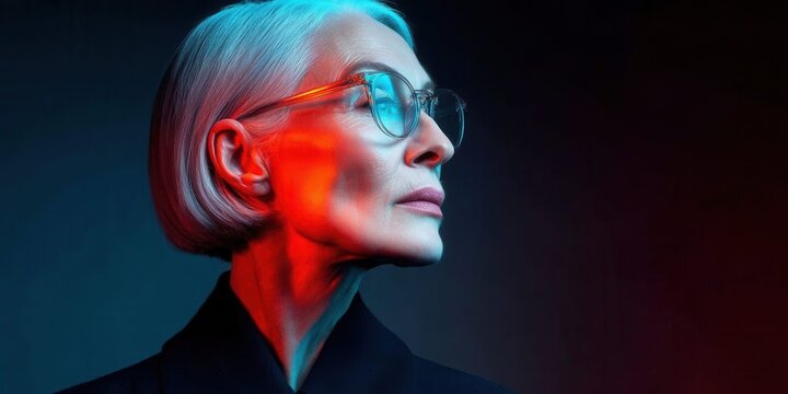 Elegant mature woman with short silver hair and glasses illuminated by dramatic red and blue lighting