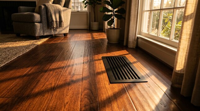 Golden afternoon sunlight streams through a window, casting dramatic shadows across mahogany hardwood floors onto a sleek modern floor vent.