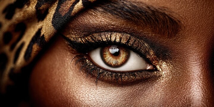Close-up of a woman's eye with dramatic leopard print makeup and golden shimmer