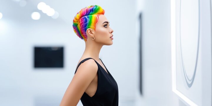 Woman with vibrant rainbow-colored undercut hairstyle in a modern art gallery