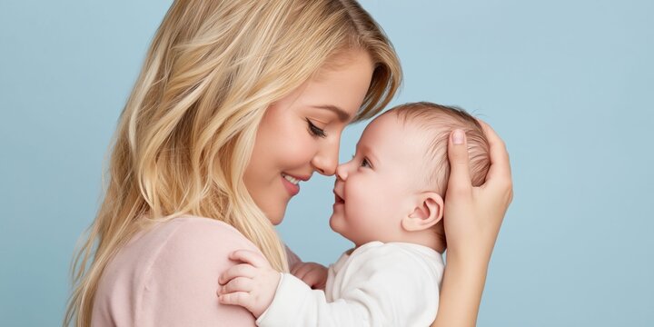 Beautiful blonde mother and baby share a tender moment with noses touching
