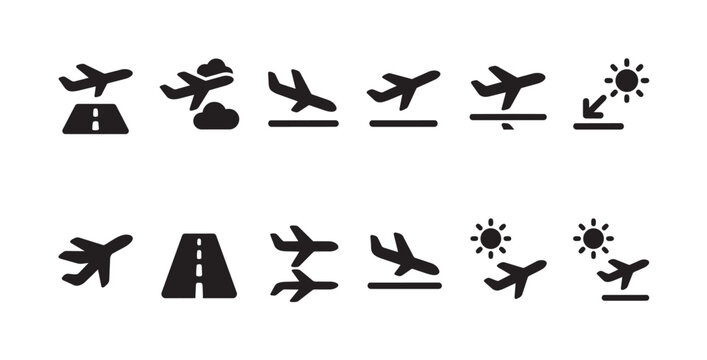 A collection of minimalist black icons depicting airplanes in various stages of flight, including takeoff, landing, and cruising, alongside runway and sun elements, ideal for travel.
