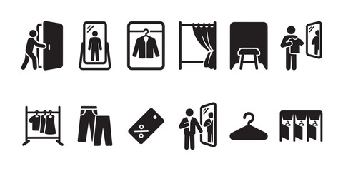 Fototapeta na wymiar A collection of black and white silhouette icons depicts various aspects of shopping, including fitting rooms, clothing racks, and sale tags, ideal for retail or fashion themes.