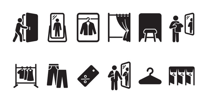 A collection of black and white silhouette icons depicts various aspects of shopping, including fitting rooms, clothing racks, and sale tags, ideal for retail or fashion themes.