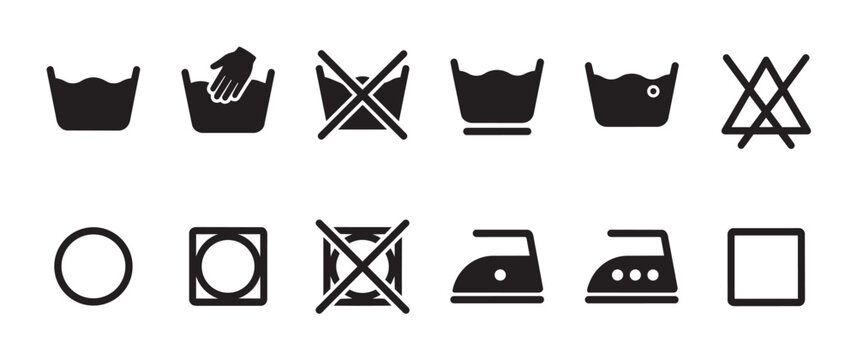 A clean, graphic set of universal laundry care symbols presented in black silhouette on a white background, ideal for instruction labels and design.