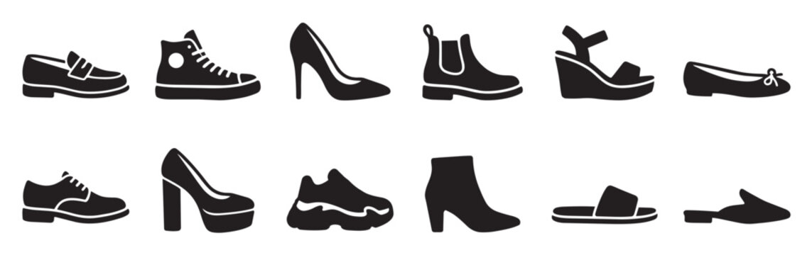 A diverse collection of black and white silhouette icons showcasing various shoe styles including heels, sneakers, boots, sandals, and flats, ideal for fashion or e-commerce concepts.