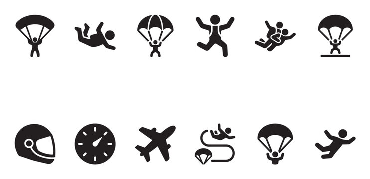 A collection of black and white icons depicting various aspects of skydiving and parachuting, including skydivers in action, a parachute, an airplane, and a helmet.