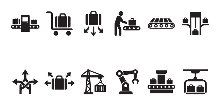 A collection of vector icons depicting various luggage handling processes including conveyor belts, sorting systems, cranes, robotic arms, and transportation systems against a white background.