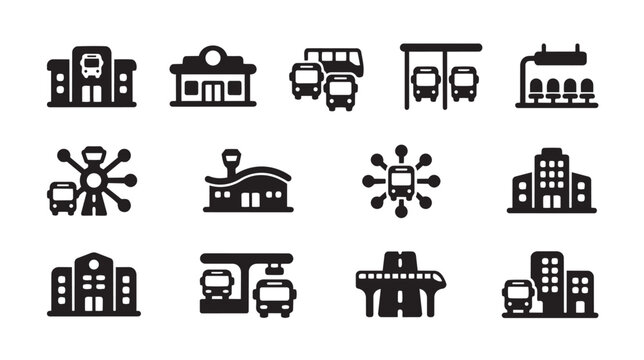 A collection of black and white flat icons depicting various transportation hubs including train stations, bus stops, and transit buildings for city planning concepts.
