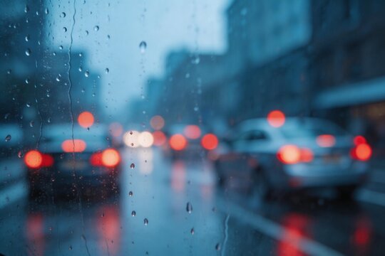 Raindrops on car window with blurred traffic