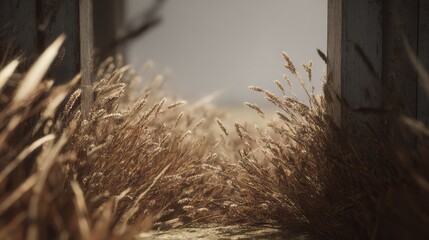 Naklejka premium Golden grains growing abundantly in a sunlit agricultural field, creating a rustic and natural scene evoking farming, harvest, and sustainability concepts