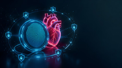 Obraz premium Biometric healthcare security concept with protected heart data and fingerprint authentication