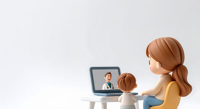 オンライン診療で医師に相談する親子（母と子）の3Dイラスト（後ろ姿・コピースペース）
