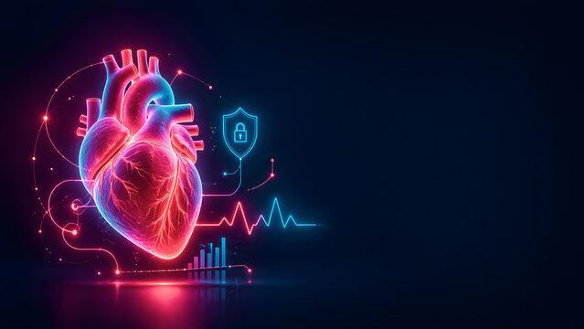 Digital heart monitoring concept with protected cardiology data and cybersecurity shield