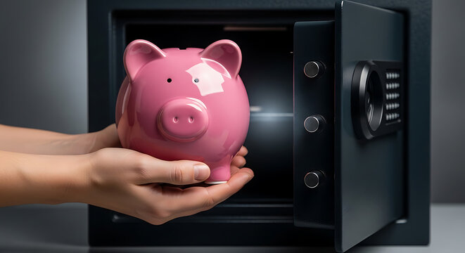Securely storing your savings in a piggy bank inside a safe a symbol of financial security and wealth management