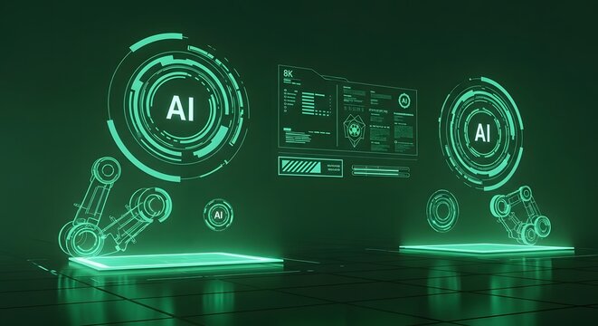 Green robotic arms and AI interface holographic display in 3D