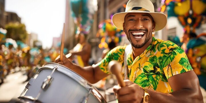 Man playing snare drum during vibrant Brazilian carnival street parade