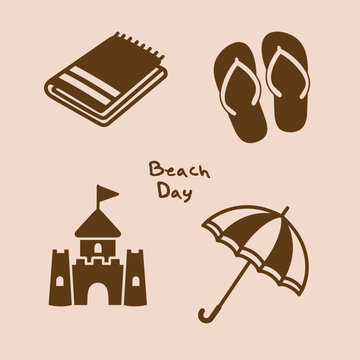 Hand-drawn line art set of beach day
