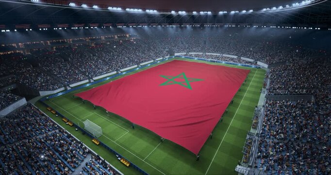 Professional Stadium With Soccer Game Championship With Flag of Morocco Spread Across Pitch Before Football Match Start. Cheering Crowds of Fans at Arena Anthem Ceremon. Aerial Static Wide Shot
