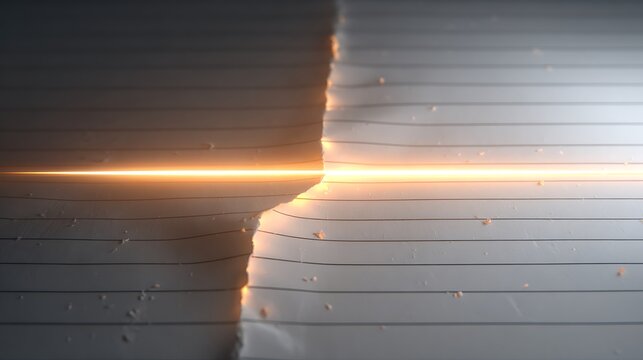 Lined paper glowing with a bright orange burning line through the center creating a dramatic split effect in a macro shot showing embers and paper texture on a dark background
