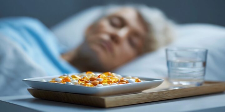 Elderly person sleeping in bed with a tray of medication and water nearby