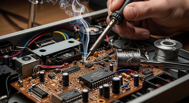 Soldering a circuit board electronic assembly and repair closeup