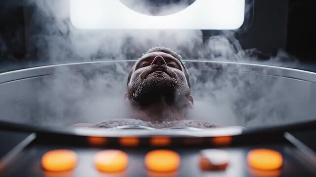 Man with frost on beard resting in a high tech cryotherapy chamber surrounded by cold nitrogen mist