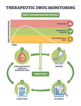 Therapeutic drug monitoring shows the concentration curve over time and TDM cycle blood sample, microscope, and Rx adjustment explaining safe dosing within the therapeutic window. Outline diagram