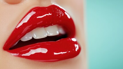 Naklejka premium A close-up shot featuring glossy red lips that pop beautifully against a soft background, highlighting vibrant makeup artistry and oral aesthetics for beauty enthusiasts.