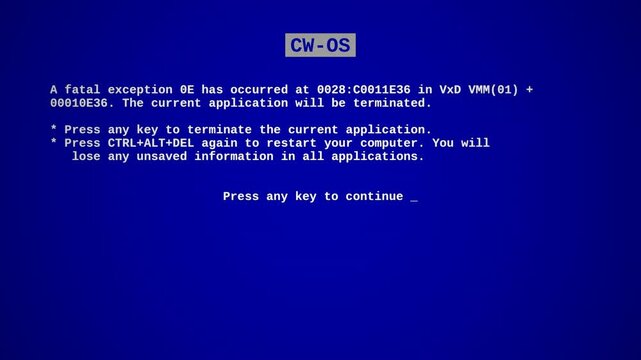 Authentic 1990s Windows era fatal exception blue screen of death BSOD system crash