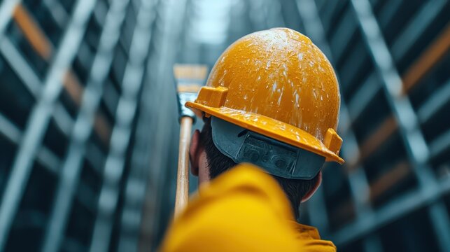 A powerful image featuring a man in a yellow hard hat, looking up in an industrial setting, capturing the essence of hard work, dedication, and the focus required in modern construction.