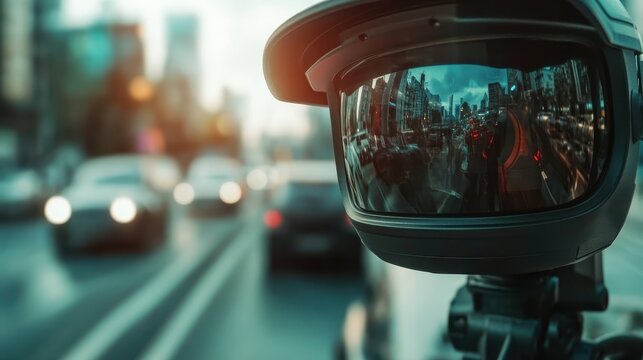 This image showcases a surveillance camera reflecting city traffic, highlighting the intersection of technology, security, and urban life in a bustling metropolis.