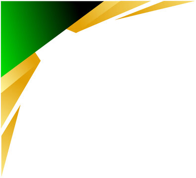 Vibrant green and gold geometric shapes angle sharply from corner. White space offers clean, modern minimalism for design projects. Bold colors imply energy, growth, or celebration