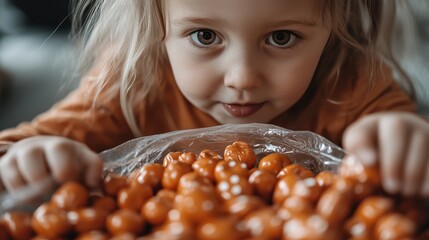 Naklejka premium A young child curiously engages with vibrant orange candy treats, capturing the joyful wonder and excitement of childhood through this playful and sweet experience.
