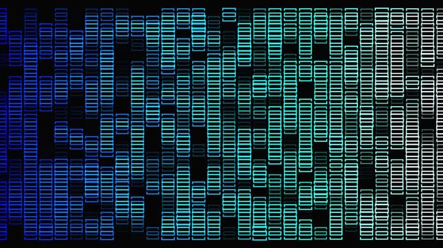 Abstract digital background with glowing rectangles forming wave patterns and shifting colors from blue to green and white.