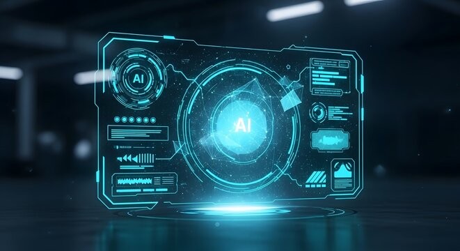 Futuristic blue AI HUD interface with central glowing core